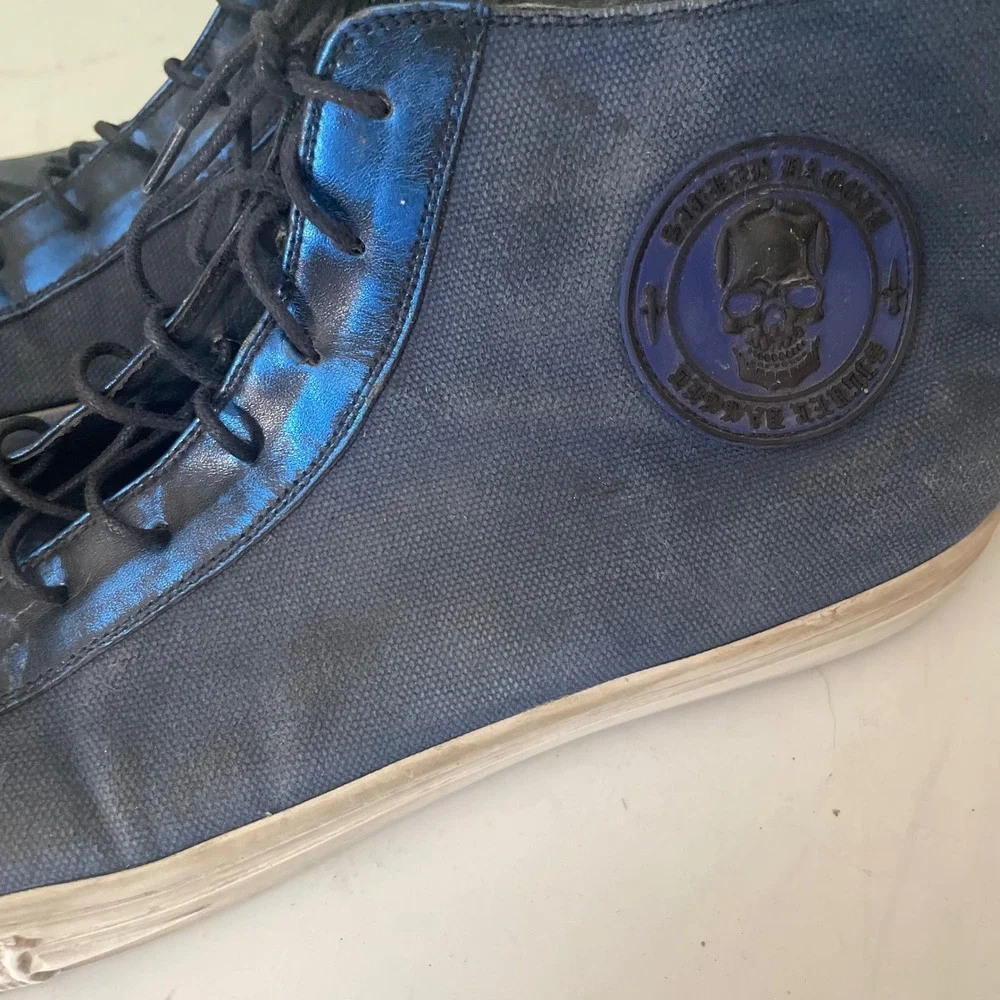 Silver Dagger Metallic Blue + Navy High Top Sneakers Mens 11 RARE Skull Patch‎